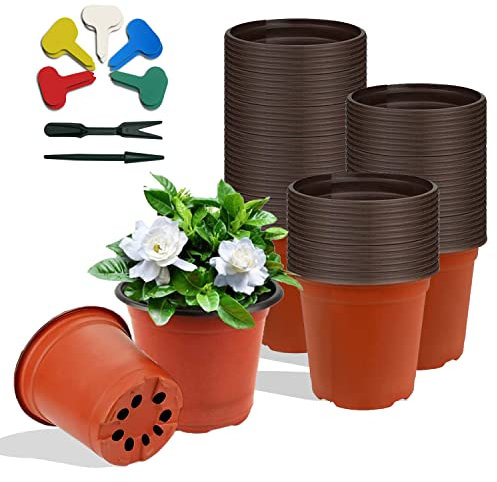 BARVERE 100 Stück Anzuchttöpfe, 10cm Pflanzentopf + 10 Pflanzenmarker + 2 Sämlingswerkzeuge, Wiederverwendbar Pflanzentöpfe Plastik Set für Drinnen Draußen Samen, Umweltfreundlich Blumentöpfe