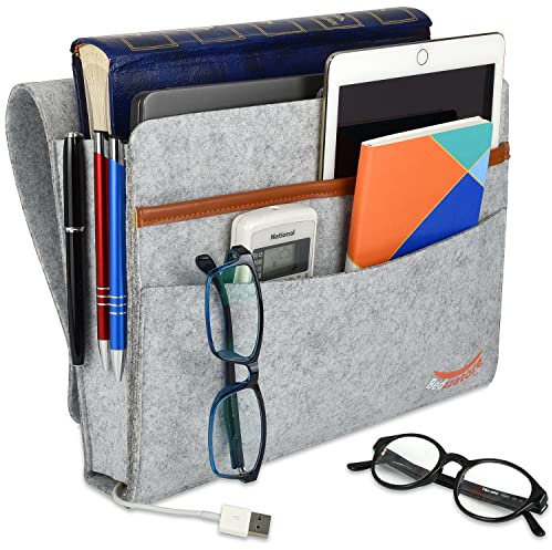 Bedside Organiser Pocket - Slip Resistant with Hook & Loop and Watch Straps for Bed Rails, Sofa, Bunk Bed - Felt Bedside Storage Caddy for Books, Glasses, Phone, Tablet, Remote (Pack of 1, Light Grey)