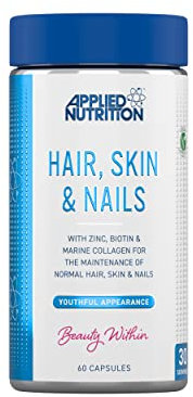 Applied Nutrition Hair, Skin & Nails – Hair Growth Vitamins with Biotin & Marine Collagen – Biotin Hair Growth & Nail Strengthener – Glowing Skin Support – 60 Capsules (30 Servings)