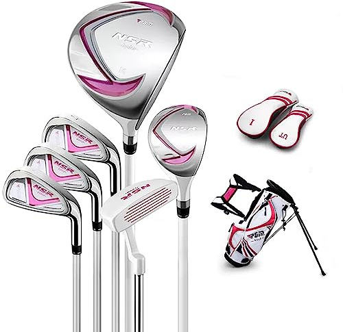 PGM Junior Golf Club Complete Set Includes Driver, Hybrid, 7, 9, Wedge Irons, Putter, Stand Bag Right Handed for Children Kids 9-12, 6 Pieces Youth Golf Clubs with 2 Headcovers for Boys & Girls