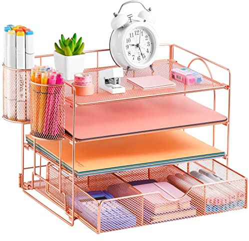 Lavatino Rose Gold Desk Organizers with Drawer, 4-Trays Desktop File Organizer with Pen Holder, Paper Organizers and Storage for Desk, Mesh Desk Orga