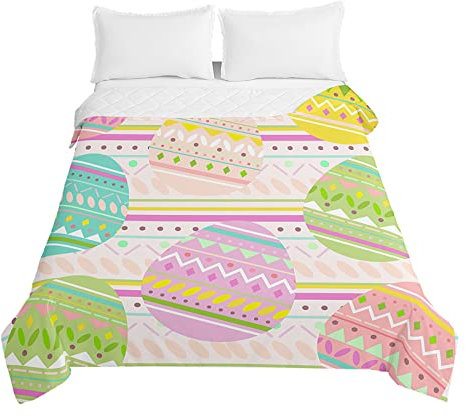 Odot Pâques Lapin Œuf Couvre Lit Boutis Matelassé pour 1/2 Personnes Dessus de Lits Microfibre Doux Couverture de Lit Courtepointe Printemps Èté Jeté de Lit (220x240cm,Totem Œuf)