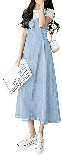 CHARTOU Women's Elegant Straps Back Smocked A-Line Long Skirt Denim Overall Pinafore Dress (Small, Light Blue)