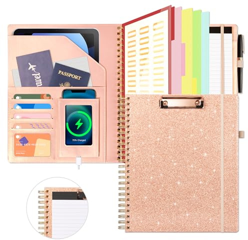 Ospelelf Clipboard with Storage for Women, Leather Padfolio Portfolio Organizer 5 Folders with 10 Pockets, Spiral Clipboard Folio with Notepad for Letter Size, Elastic Closure and Pen Loop Rose Gold