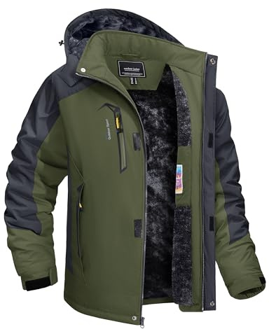 TACVASEN Mens Ski Jacket Water-Resistant Fleece Coats Snowboarding Jacket Outdoor Soft Shell Fleece Jackets with Hood Snowboard Tactical Jackets Green