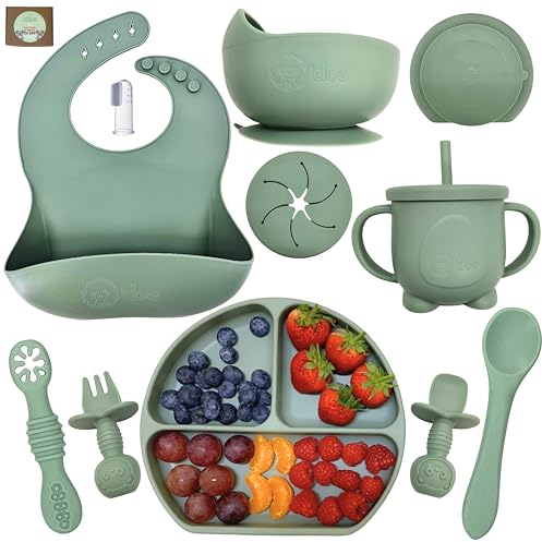 O'doe 11-teilig Baby LED-Entwöhnungszubehör für Kleinkinder, Babyfütterungsset | Saugnapf-Silikon-Babyschale, selbstverzehrende Utensilien mit Löffeln, Tassen, Lätzchen, Essteller-Set mit | Grün, V1