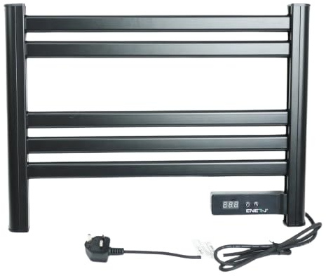 Bathroom Electric Heated Towel Rail with Timer, Wall Mounted Plug-In Towel Warmer with Temperature Display (Black)