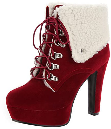 Gicoiz Femme Fourrure Ankle Cuff Warm Bottes de Neige Plateforme Classique Military Biker Bout Rond Lacets Mode Bloc Hauts Bottes Bottines Rouge Taille 34 EU