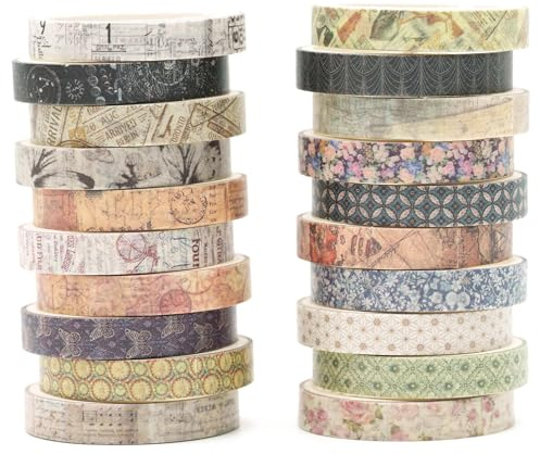 KAVI' S 20 rollos de cinta adhesiva delgada de estilo vintage Washi Tape, cinta de papel decorativa, cinta adhesiva multicolor para scrapbooking, manualidades, artesanía (Remaining Joy)