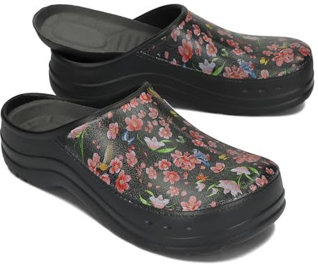 BeComfy Damen Herren Eva Clogs Bequeme Ultraleichte Gartenschuhe mit Moro- oder Blumendruck 36-46 EU (Schwarz Blumen, EU Schuhgrößensystem, Erwachsene, Numerisch, M, 39)