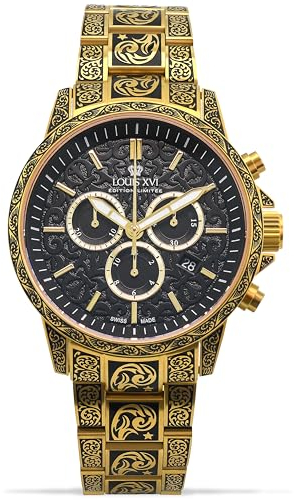 LOUIS XVI Palais Royale Inked 1700 - Ø 43 mm - Herren Uhr - Wasserdicht - Mit Saphirglas - Armband Gold - Zifferblatt Schwarz - Schweizer Quarzwerk