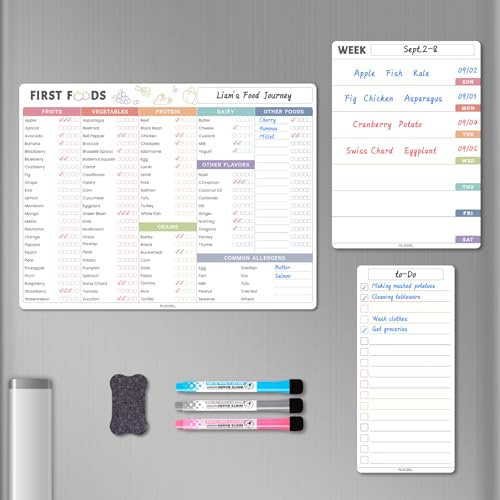 ALEZEL Baby First Food Tracker Kylskåpsmagnet, Torr radering babymat Diagram / Checklista Set - Daglig Loggmåltidsplanerare för kylskåp, 3 markörer + suddgummi