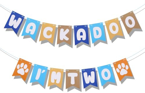 XIHIRCD Bluey Birthday Banner, Wackadoo I'm Two Paw Print Blue Yellow 17 x 12 cm Wall Mount Indoor Standard Banner for Boys Girls Blue Dog Theme Birthday Party Decorations Accessories