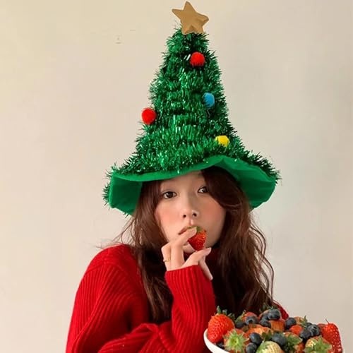 Ahuuen Chapeau de sapin de Noël | Bonnet de Noël | Chapeau de sapin | Chapeau de Noël | Chapeau en feutre vert avec étoile dorée et guirlandes | Bonnet de Noël pour Noël, carnaval