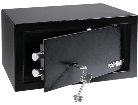 HMF Caja fuerte con llave, caja fuerte para muebles, safe compacto y resistente para hogar u oficina | 31 x 17 x 25 cm | Negro
