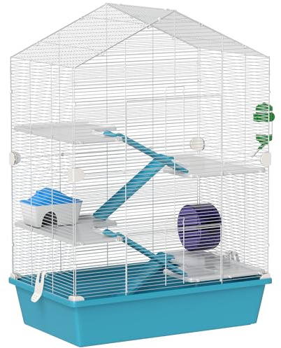 PawHut Jaula para Hámster de 5 Niveles Casa para Animales Pequeños con Plataformas Cuenco Bebedero Casita Rampas y Rueda de Ejercicio 58x36x81 cm Azul Claro