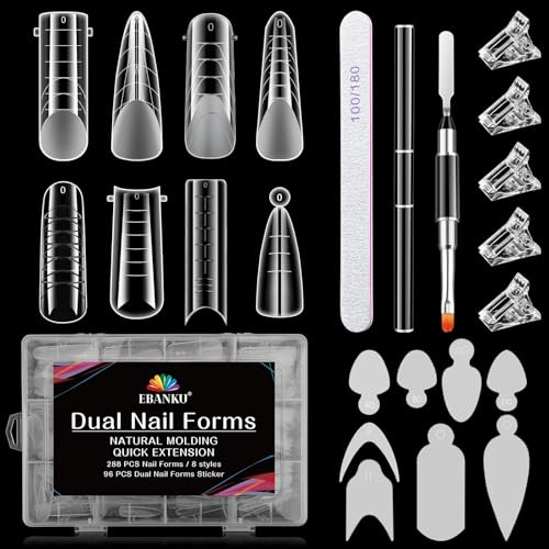 EBANKU 288 PCS Unghie Finte Nail System Dual Nail Form Matte Sistema per Unghie Strumenti per Manicure per Unghie con 96 Film per Unghie French Clip Pennello Polygel a Doppia Estremità e Lima(8 Stili)
