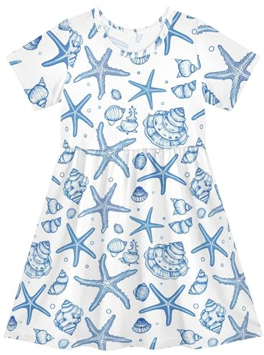Reiacy Blue Retro Sea Shells Summer Girls Short Sleeve Dress Casual Dresses Beach Sundress for 2-8 Years