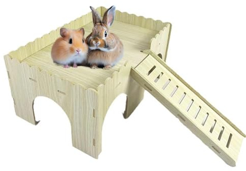 Large Wooden Guinea Pig House - 4 Entrances Small Animal Hide House Hideout with Ramp, Hut Habitats with Stairs for Hamsters Bunny Chinchillas Hedgeho-g Playing(COLOR:wood)
