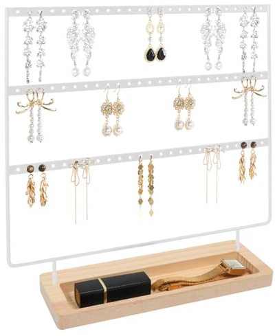 Earring Holder Stand, 3 Tier Earring Organizer with 75 Holes, Metal Earring Holder with Wood Basic stand, Jewelry Organizer Display Stand for Earring Ring Ear Stud Bracelet (White+Log Color)