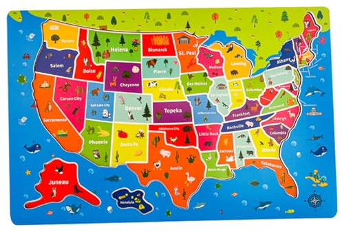 USA Map, Kids Puzzles, 45Pcs USA Map Jigsaw Puzzles Wooden Magnetic for Kids Ages 4-6, Red