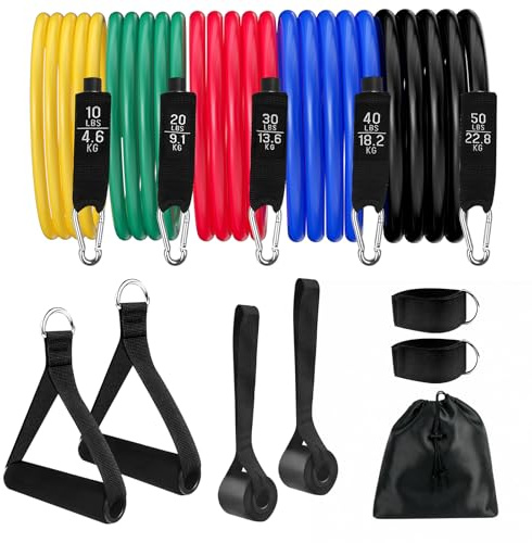 Mokaskaidj Elastici Fitness, Bande Elastiche 5 Livelli di Resistenza, Elastici Palestra, Elastici per Allenamento con Maniglie, Ancoraggio, Cinturino Alla Caviglia, Resistance Bands per Yoga, Pilates
