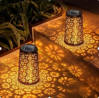 IMIGY Solar Lanterns Outdoor Waterproof - Small Flower Openwork Metal Solar LED Hanging Lights, Decorative Lantern for Garden Yard Patio, Christmas Birthday Gifts for Women, Mom, Grandma, 2 Pack