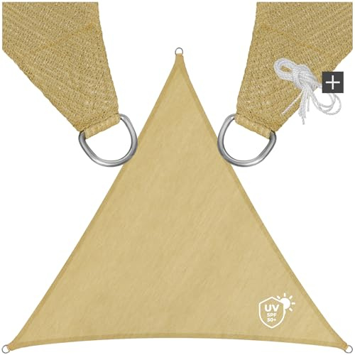 TecTake® Tenda a Vela Ombreggiante Quadrata in Polietilene, Protezione dai Raggi UV, Vela da Sole Ombreggiante con Set Funi di Tensione - Beige, Triangolare, 4 m