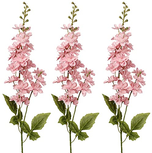 Briful 3PCS Artificial Delphinium Flowers 33 Tall Artificial Flowers Delphinium Fake Flowers Long Stems for Tall Vase Pink Artificial Flowers Arrangement for Home Garden Party Decor