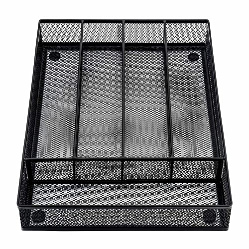 Herogo Cutlery Organiser, 5 Compartments Cutlery Tray, Black Steel Mesh Organiser for Kitchen Drawer, Anti-Slip Utensil Trays for Knife Fork Spoons, 31.8x23.7x5cm (Metal Black)