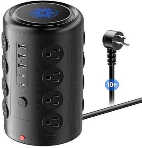 Surge Protector Power Strip 10 FT Cord, TenTrend Vertical Power Tower with 16 Outlets and 5 USB Ports (2 USB-C), 1875W 2000J Charging Station for Home Office Desk, Dorm Room Essentials, Black
