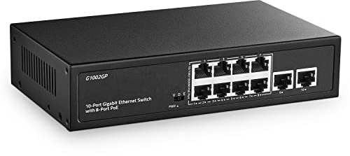 YuLinca Switch Poe Gigabit a 10 Porte, 8 Porte Poe+ e 2 Uplink, 10/100/1000Mbps, IEEE802.3af/at Max 120W, Switch Ethernet Plug&Play Non gestito Senza Ventola