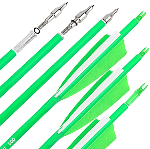 surwolf 31 Flèches de Chasse en Carbone Fluorescent 500 600 Spine avec Plume Naturelle Flèches d'Entraînement pour Tir à l'arc à Poulies/Recurve/Arc Long 6/12pcs (12, Vert, Spine 500)