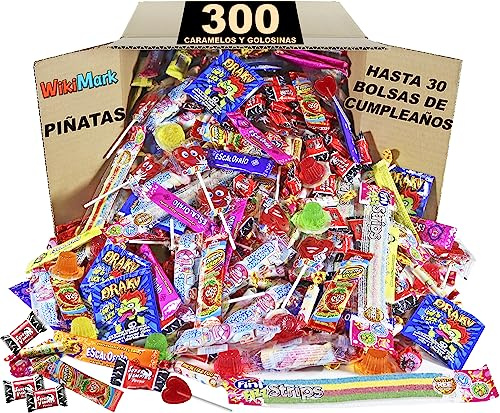 WikiMark Mega Pack 300 Chuches, Golosinas y Caramelos - Sin Alérgenos. para Fiestas de Cumpleaños Infantiles, Navidad, Halloween, Relleno Piñatas - Sin Gluten y Sin Leche.