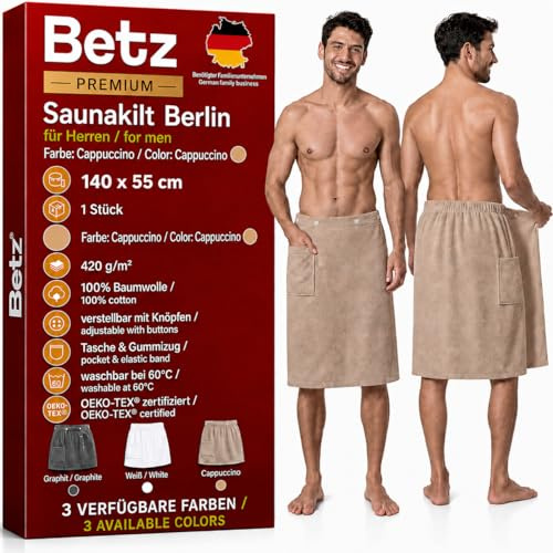 Betz Serviette à Sauna pour Homme Tissu éponge Kilt Wellness pour Le Sauna Taille Ajustable par Bouton et élastique 100% Coton Couleur Cappuccino Berlin