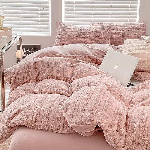 Michorinee Housse de Couette en Peluche 220x240 Rose - Parure de Lit Polaire Flanelle Chaud Hiver - Linge de Lit 2 Personnes Fermeture Éclair + 2 Taie d'oreiller 65x65 cm