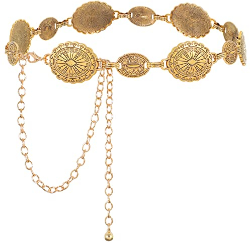 WHIPPY Damen Concho Kettengürtel taillenkette Türkis Taille Gürtel verstellbarer Metall Western Cowgirl Gürtel für Kleid,Gold 150cm