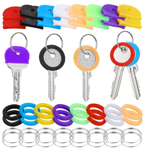 Prasacco 32 Stück Schlüsselkappen, Bunter Schlüsselabdeckungen Runde PVC Schlüsselkappen Schlüsselkennzeichnung Set mit 16 Schlüsselringen aus Eisen (Halbkreisförmig + kreisförmig, 8 Farben)
