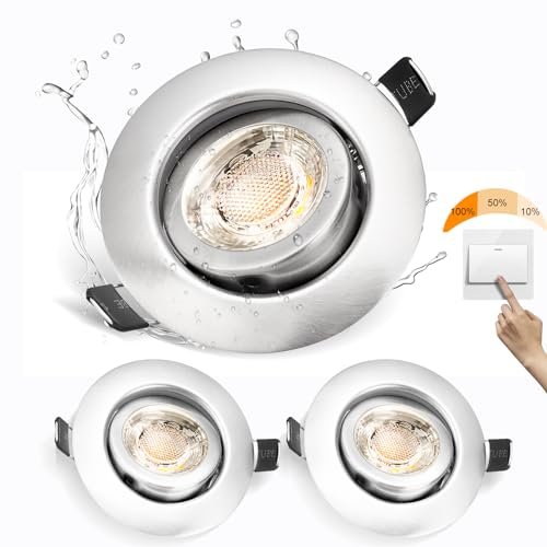 Karyoosi LED Einbaustrahler 230v, LED Spot 2800K Warmweiß, Deckenleuchte 7W 600LM Ersetzt 70W Halogen Spot, 3 Stufen Dimmbar Einbauleuchten Flach, IP44 Deckenspots Schwenkbar, Gebürstetes Nickel, 3er