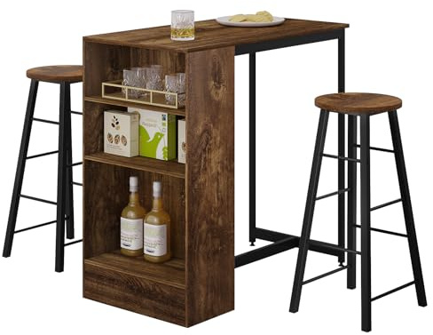 WOLTU Ensemble Table de Bar avec Tabourets, Table à Manger 91 x 49 x 91 cm avec 2 Chaises 30 x 30 x 71 cm, pour Cuisine, Style Industriel, Marron Rustique+Noir BT43hov+BH130hov