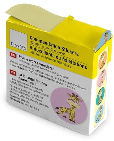 TimeTEX – Belöningsdekal Giraffe | Lärarklistermärken för motiverande feedback | 500 klistermärken i praktisk dispenserbox | 2 motiv med olika färgade bakgrunder | 19 mm ø