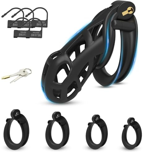 BDSMLOVE Cage de Chasteté avec 4 Anneaux de Pénis, Cage à Pénis Respirante Ceinture de Chasteté SM Bondage Jouets Sexuels pour Hommes (XL)