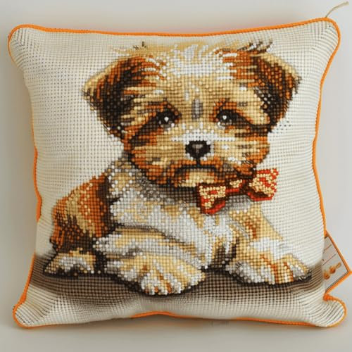 RKFLGEW DIY knüpfen set anfänger Welpe Tier knüpfkissen mit vordruck Cartoon-Welpe DIY Knüpfhaken-Set，Kissen，bedrucktes Kissen，Häkelgarn，Stickerei，Handarbeit，Stickset 43x43cm