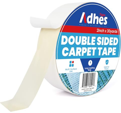 ADHES Heavy Duty Double Sided Carpet Tape, White 50MM x 27M x 1Roll Removable and Residue-Free Non Slip Rug Gripper for Hardwood Floors, Tape for Rugs Carpet Grippers and Anti-Slip Grips