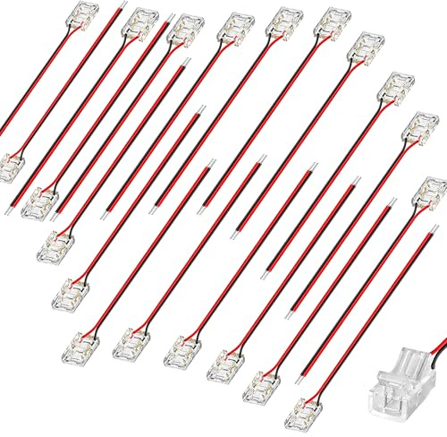 Clearhill 8 mm COB LED-anslutning, 2-polig 20-pack lödfri band-till-kabel + 10 cm kabel, gapless anslutning för 8 mm enfärgade COB-band
