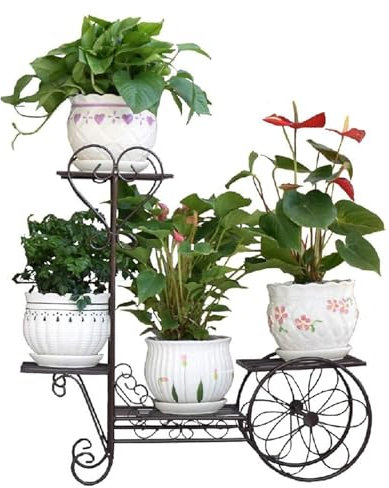AISNXOQI Portafiori in Ferro battuto, portafiori con 4 vasi, portavasi, espositore per Bonsai, Carrello portafiori da Pavimento, Giardino, Patio, Arredamento per la casa, Ufficio