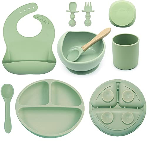 Baby Feeding Set, 8 Pack Baby Led Weaning Supplies, Suction Bowl Divided Plate, Toddler Self Feeding Dish Set with Spoons Forks Sippy Cup Adjustable Bib, Eating Utensils for 6+ Months (Green)