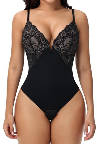 SHAPERIN Body Gainant Dentelle Femme Ventre Plat avec Armature Body Sculptant Dos Nu String Tummy Control Bodysuit Shapewear, Noir, XL