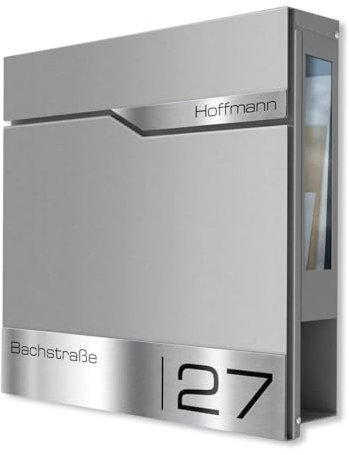 Metzler Briefkasten Grau mit Sichtfenster und Zeitungsfach – Wandbriefkasten mit Namensschild aus Edelstahl personalisiert mit Laser Gravur – Postkasten wasserdicht mit Fenster | Siebert SF