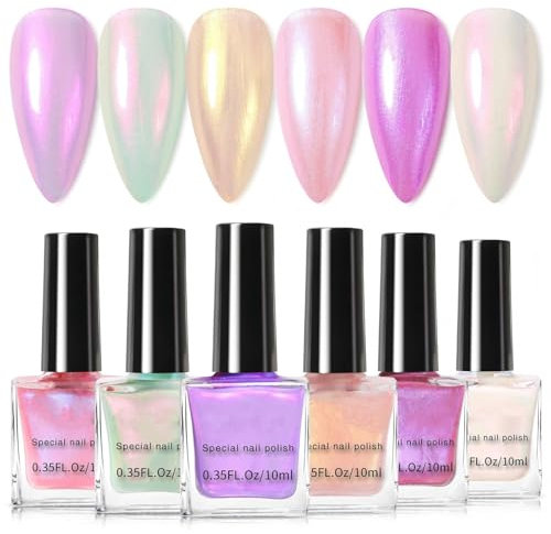 Pearl Nail Polish - 6 Gel Nail Colours White Pink Purple - Quick Dry Nail Polish Pearlescent Finish - Iridescent Nail Polish Set - Spring Summer Nail Varnish Sets for Women Gift